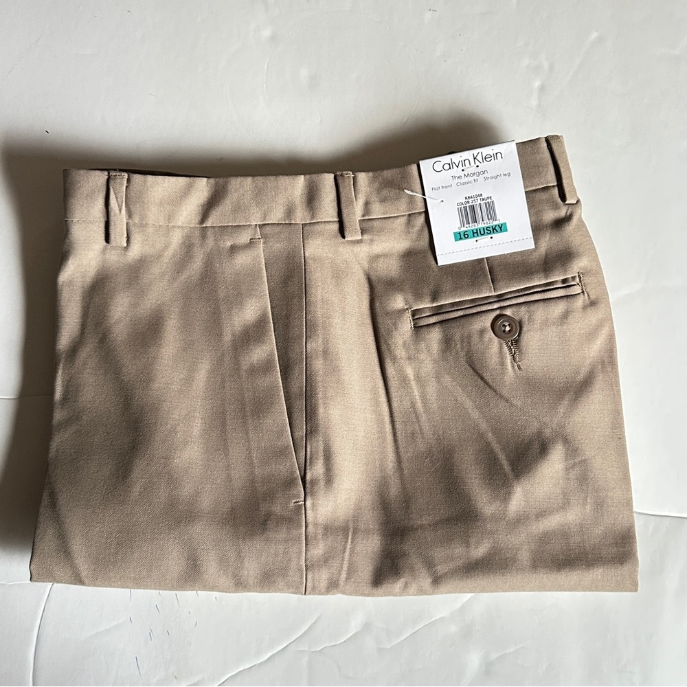 Calvin Klein Boys 16 Husky Dress Pants –The Morgan Taupe Flat-Front Classic Fit